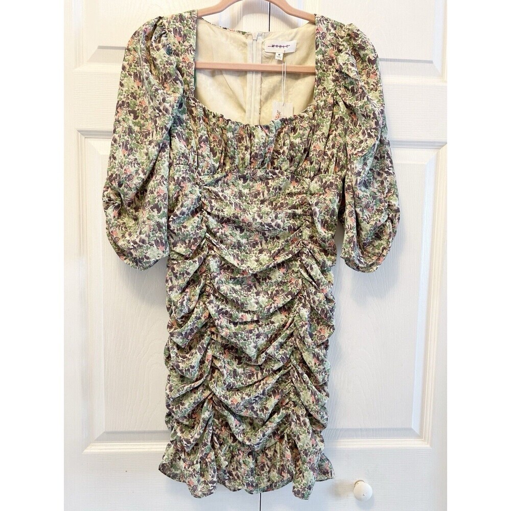 Mable Dress Women’s‎ Size M Multi Color Floral Ruched Short Sleeve Rear Zip NWT